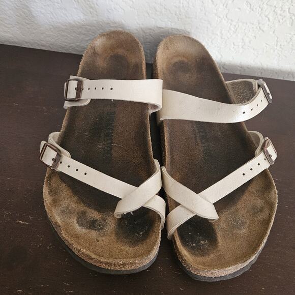 Birkenstock Mayari Sandals Womens 9 Leather Cream Pearl Slip On Shoes Comfort - Picture 5 of 12